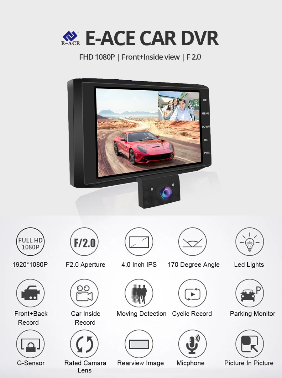 E-ACE B13 DVR 4,0 дюймов авто рекордер 1080P FHD видеорегистратор ночного видения автомобильные видеорегистраторы 3 объектива камеры Автомобильная камера видеорегистратор