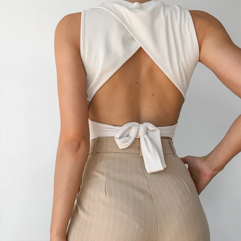 

Sexy Backless Crop Tops Summer Sexy O Neck Ribbed Streetwear Back Bandage Knitted Slim Tank Tops Criss Cross Top