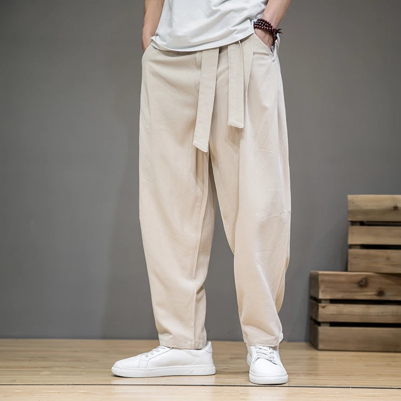 

Spring Cotton Linen Pants Men Elastic Waist Casual Pant Loose Sweatpants Traditional Chinese Trousers pantalons homme
