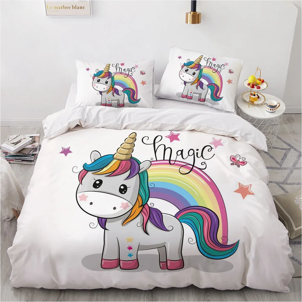 

3D Bedding Set Black Comfortable Cartoon Unicorn Single Double Twin Full Queen King Size Bedroom Duvet Cover Set Children kids