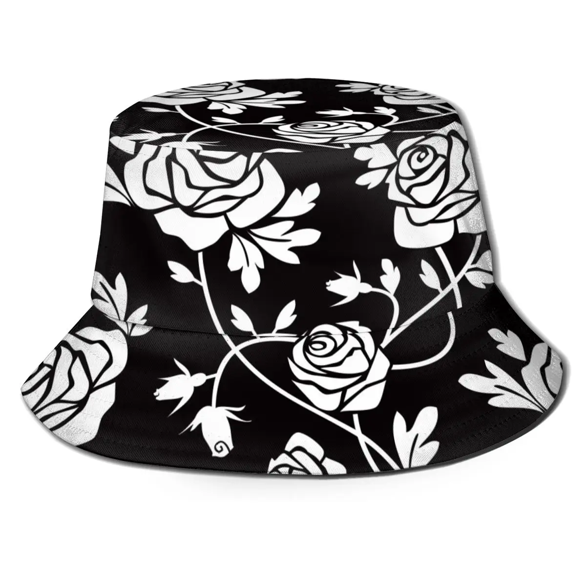 

CINESSD New Fashion Bucket Hats Fisherman Caps For Women Men Gorras Summer White Roses On Black