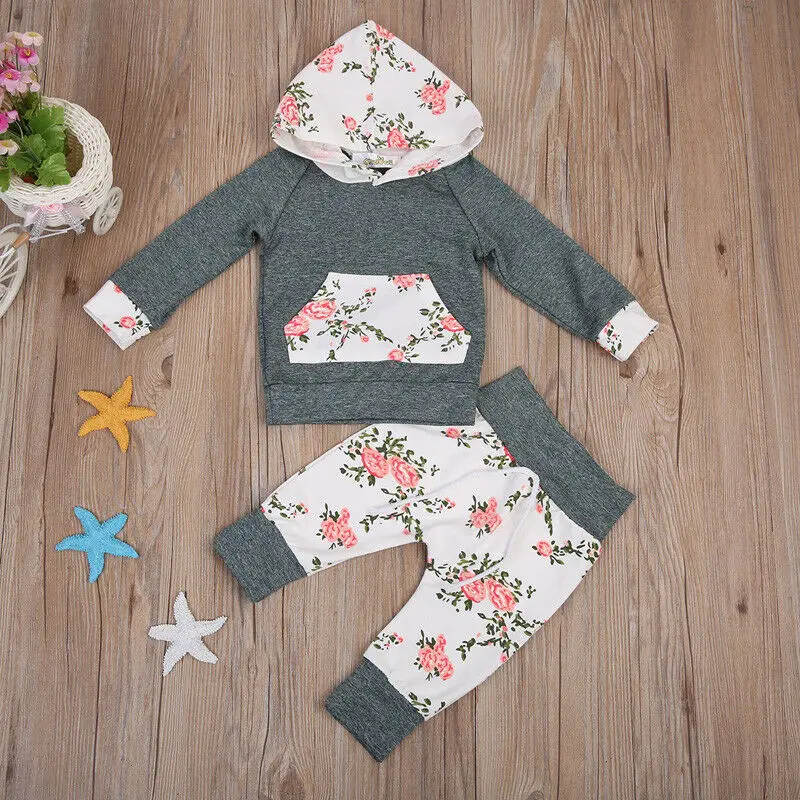 Causal Clothes Sets Baby Girls Floral Hoodie Tops Floral Pants Leggings Clothes Outfit Set