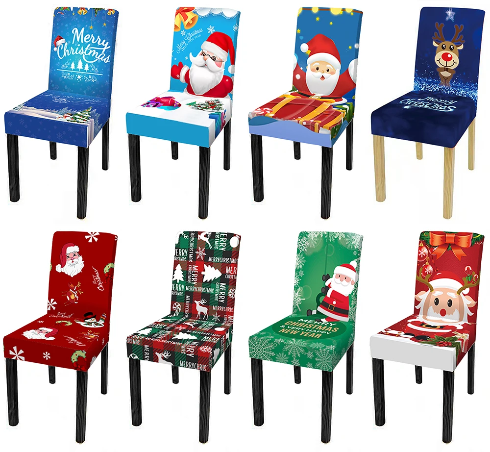 

3D Christmas Elk Santa Claus Print Stretch Chair Cover For Dining Room Elastic Plaid Cartoon Chairs Covers Xmas Party Slipcovers