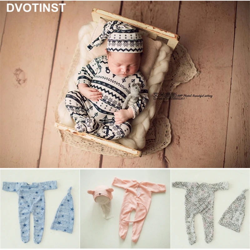 Dvotinst Newborn Photography Props for Baby Boys Girls Outfits Romper Hat Bonnet 2pcs Set Fotografia Studio Shooting Photo Props