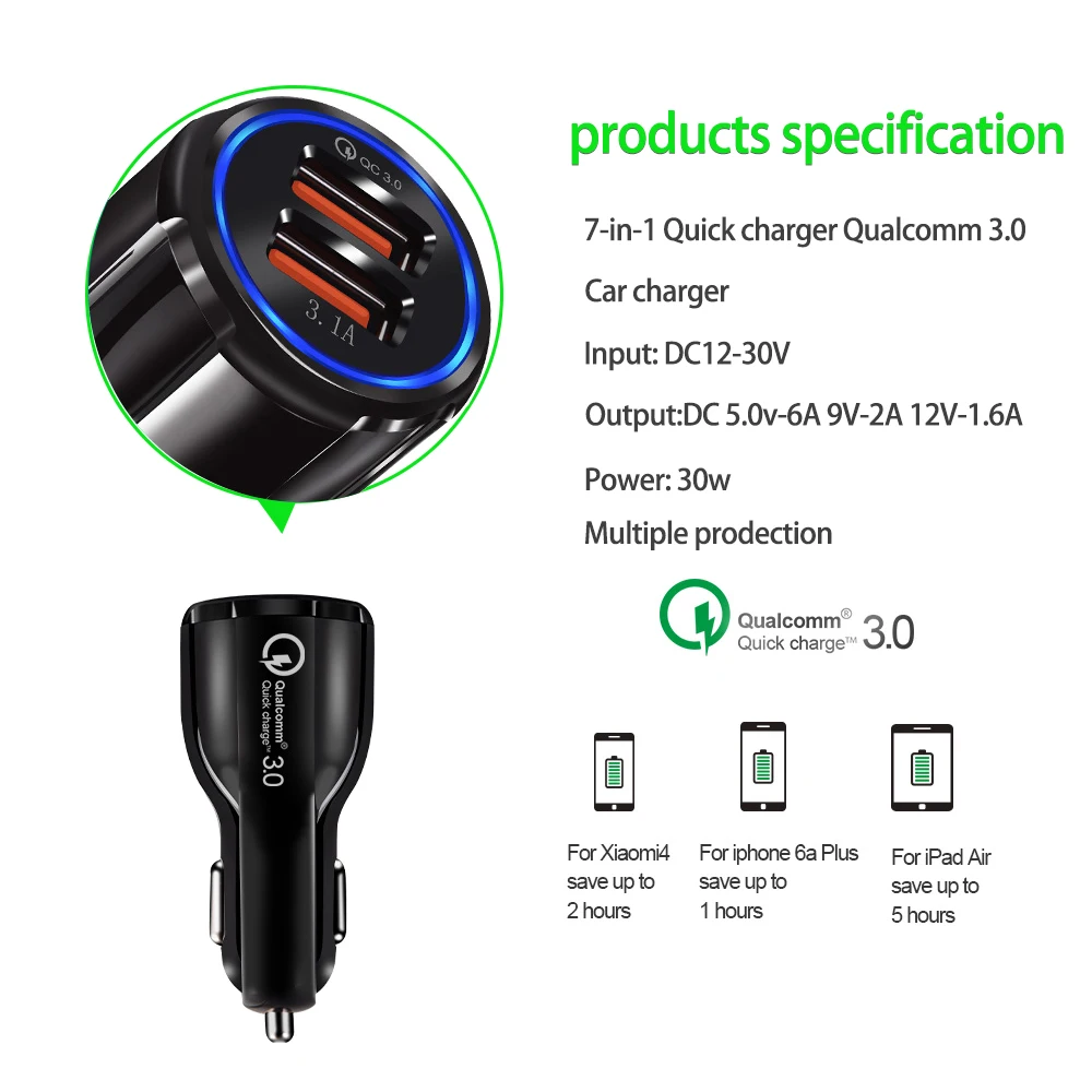 Автомобильное зарядное устройство Quick Charge 3 0 для телефона автомобильное с двумя