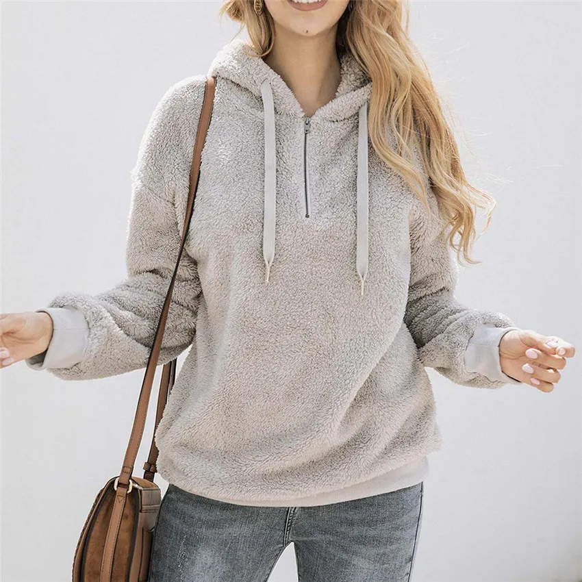 

Wool Hooded Women Hoodies With Zipper Sweatshirt 2019 Warm Autumn Hoodie Female Loose Sweatshirt Fashion Streetwear