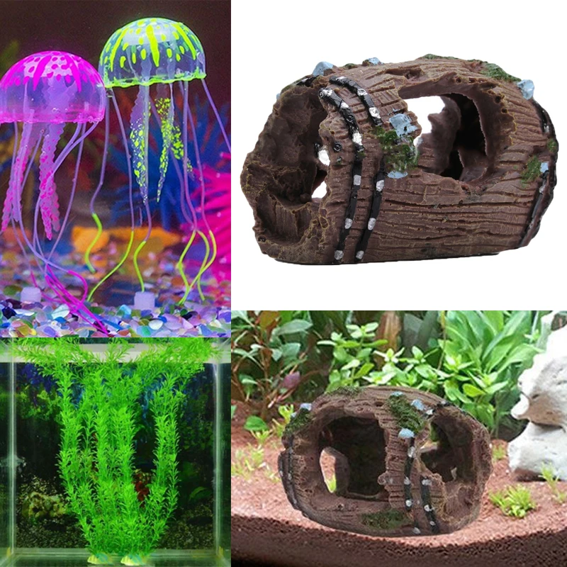 

Fish Tank Aquarium Decor Resin Artificial Barrel Cave Jellyfish Green Water Grass Ornament Aquatic Landscape Fish Tank Decor