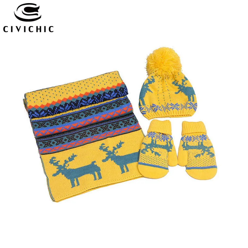 Yellow 3PCS Шикарный осенне-зимний Рождественский трикотаж, шапка, шарф, перчатки, комплект из 3 предметов, теплые флисовые рождественские шапочки с помпоном, вязаные крючком шапки, шали, шапки, варежки SH115 - Цвет: Yellow 3PCS