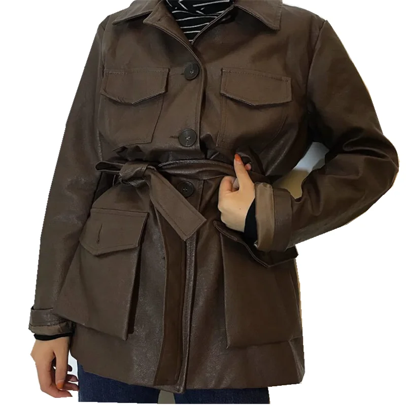 

Style Autumn Retro Korean Long Sleeve Waist Belt PU Jacket Women Loose Mid-long Leather Coat Female