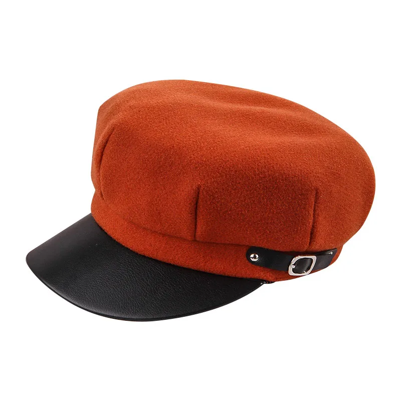 

High Quality Woolen Leather Beret Newsboy Hat Women Fashion Casual Artist Painter Octagonal Cap Spring Winter Hat Suncreen Cap