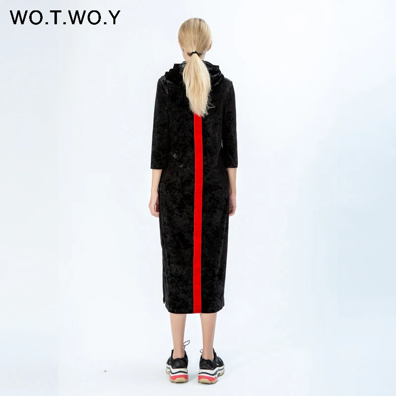 WOTWOY осеннее бархатное женское Макси-Платье с цветочной вышивкой и лентой, коллекция, уличная одежда, плотные женские толстовки с капюшоном, одежда для женщин