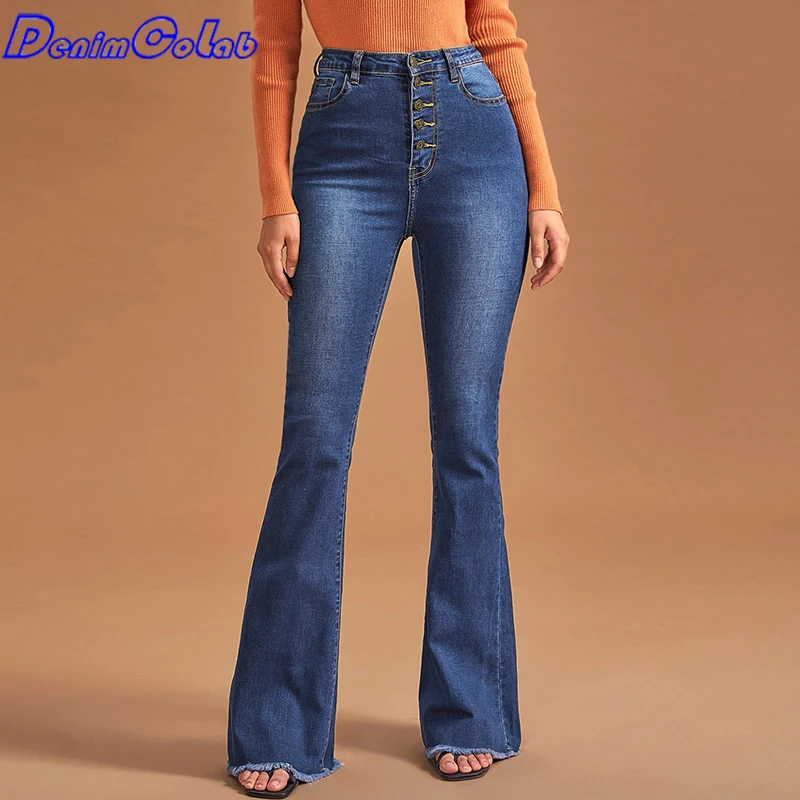 

Эластичные расклешенные брюки DenimColab с высокой талией, джинсы, женские повседневные Модные Узкие Эластичные офисные женские джинсы на одной...