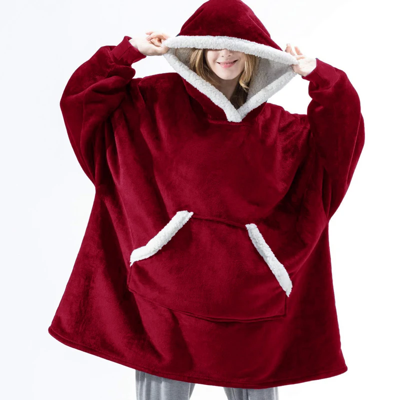 

2021 Autumn And Winter Over sized Hoodie Blanket With Sleeves Sweatshirt Plaid Winter Fleece Hoody Women Pocket Female Hooded