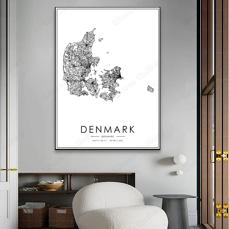 Черно-белая карта города Дания Дании плакат HD печать настенное искусство холст