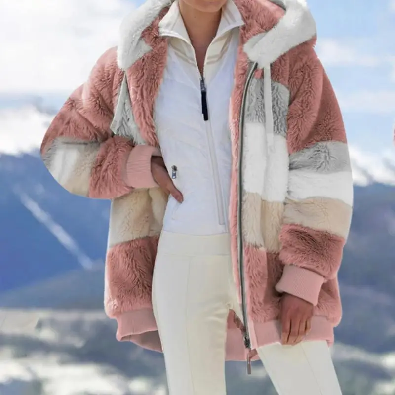 2021Fall Women's Outerwear Warm Women Jacket Loose Long Sleeves Plush Multicolor Splicing Hoodie Jacket Fashion Street Clothing