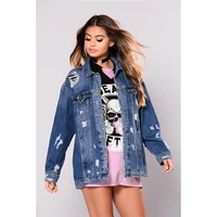 womens denim jacket cowgirl casual mid length collapse batwing sleeve loose jacket female vintage hole ripped blue jeans jacket
