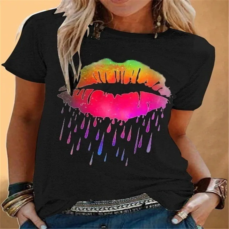 

Summer street trendsetter round neck slim fit women's casual lip print short sleeve T-shirt girl