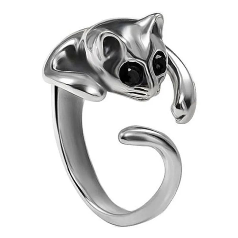 

FDLK Cat Opening Ring Cute Pet Kitten Fashion Animal Kitty Black Color Eyes Rings for Women Fine Jewelry Wedding Bijoux
