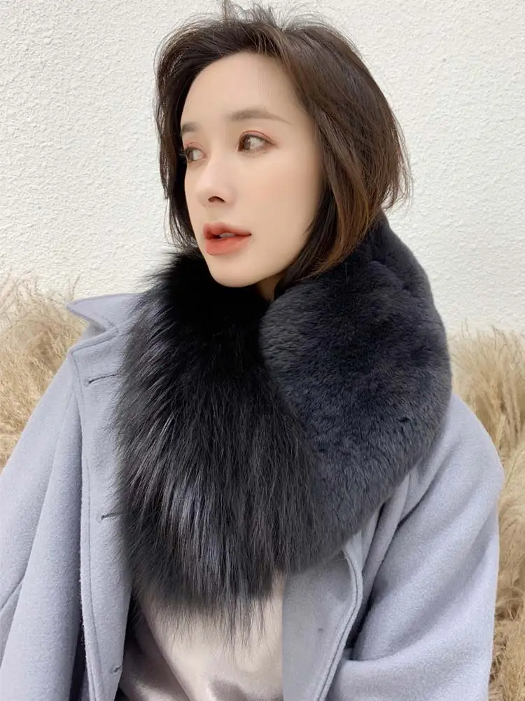Зимний новый меховой шарф кролика рекс втягивающее устройство для шерсти с