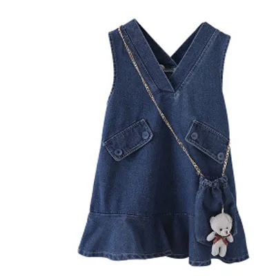 

Girls Spring Suspender Skirt Suit 2021 New Children's Cotton Comfortable Puff Sleeve Top Cartoon Doll Denim Skirt Two Pieces