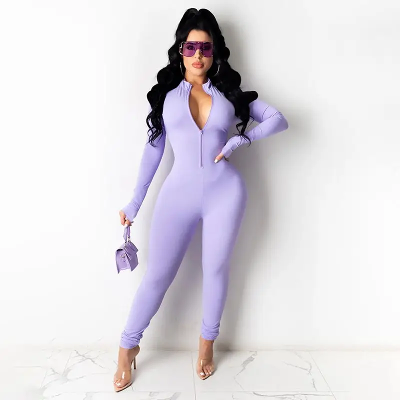 

Sexy Jumpsuits Women Clothing Long Sleeve One Piece Zipper Up Bodycon Rompers Solid Club Party Pants Ladies Playsuits