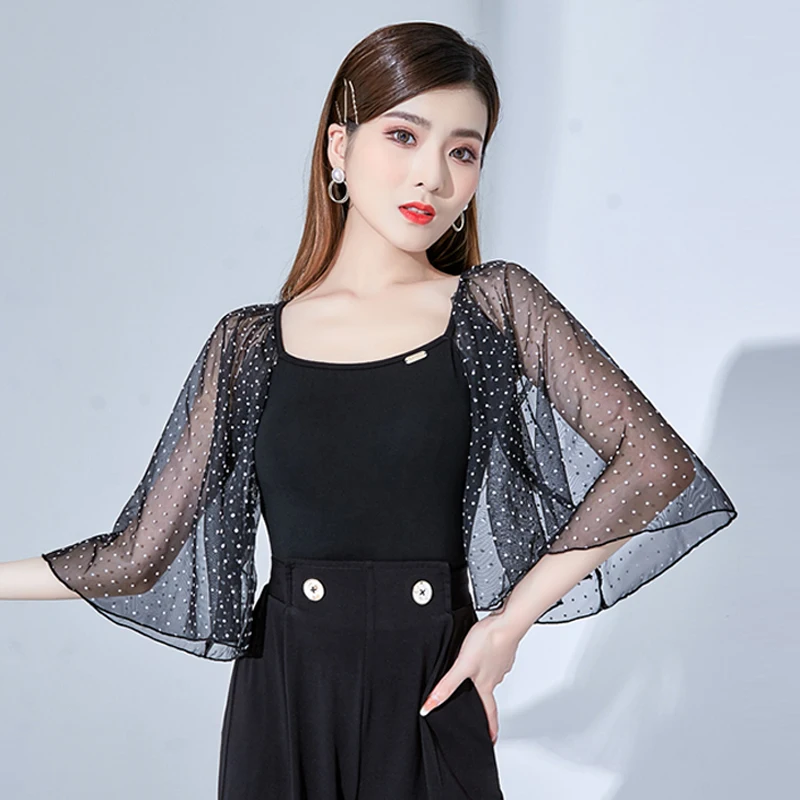 

Polka Dot Mesh Flared Sleeve Latin Dance Tops Waltz Tango Performance Stage Wear Ballroom Competition Clothes For Female
