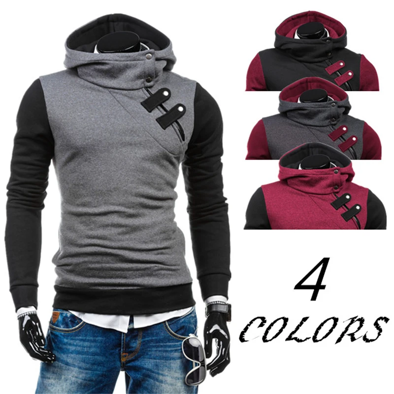 

New Fashion Winter Patchwork Hoodies Sweatshirt Two Button Hoodies Sweatshirt Men Long Sleeve Hoodie Casual Streetwear Pullover