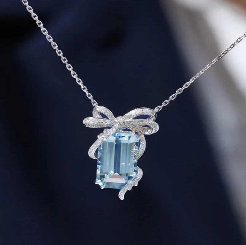 

925 Silver Necklace Aquamarine Pendant Light Luxury Design Sense Silver Bow Knot Zircon Clavicle Chain Women