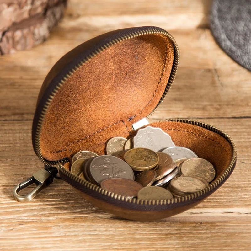 New Design Creative Retro Crazy Horse Leather Zipper Coin Storage Bag Men's Leather Key Chain Change Wallet Mini Women
