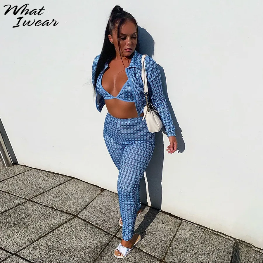 women Plaid three pieces set casual Jacket bra pant Female zipper outfits Autumn Chic Suits streetwear autumn new suits |