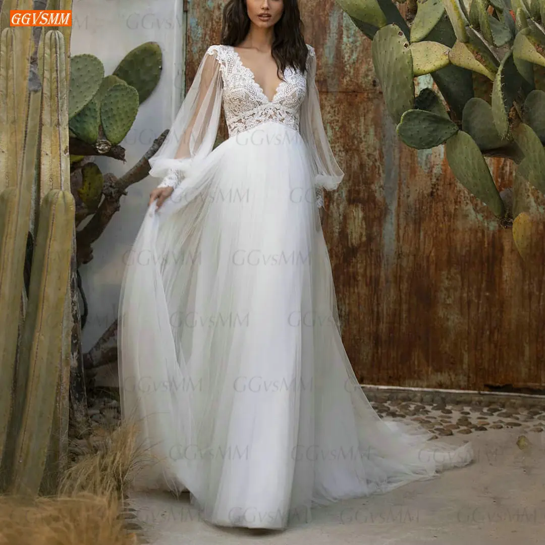 

Белое свадебное платье Boho 2021, свадебные платья с v-образным вырезом, аппликацией, открытой спиной, Платье De Mariée, тюль с длинным рукавом, ТРАПЕ...