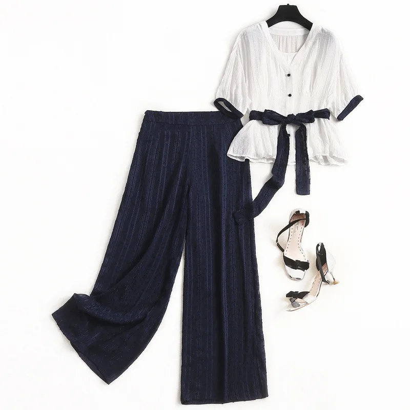 

2020 летний модный женский офисный жаккардовый шифоновый широкие брюки слинг + рубашка с V-образным вырезом укороченный топ + брюки комплект и...