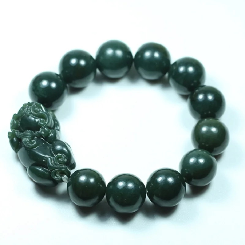 

Natural Green Jade Feng Shui Pixiu Amulet Bracelets Men Women Real Chinese Hetian Nephrite Beads Elastic Brave Troops Bracelet