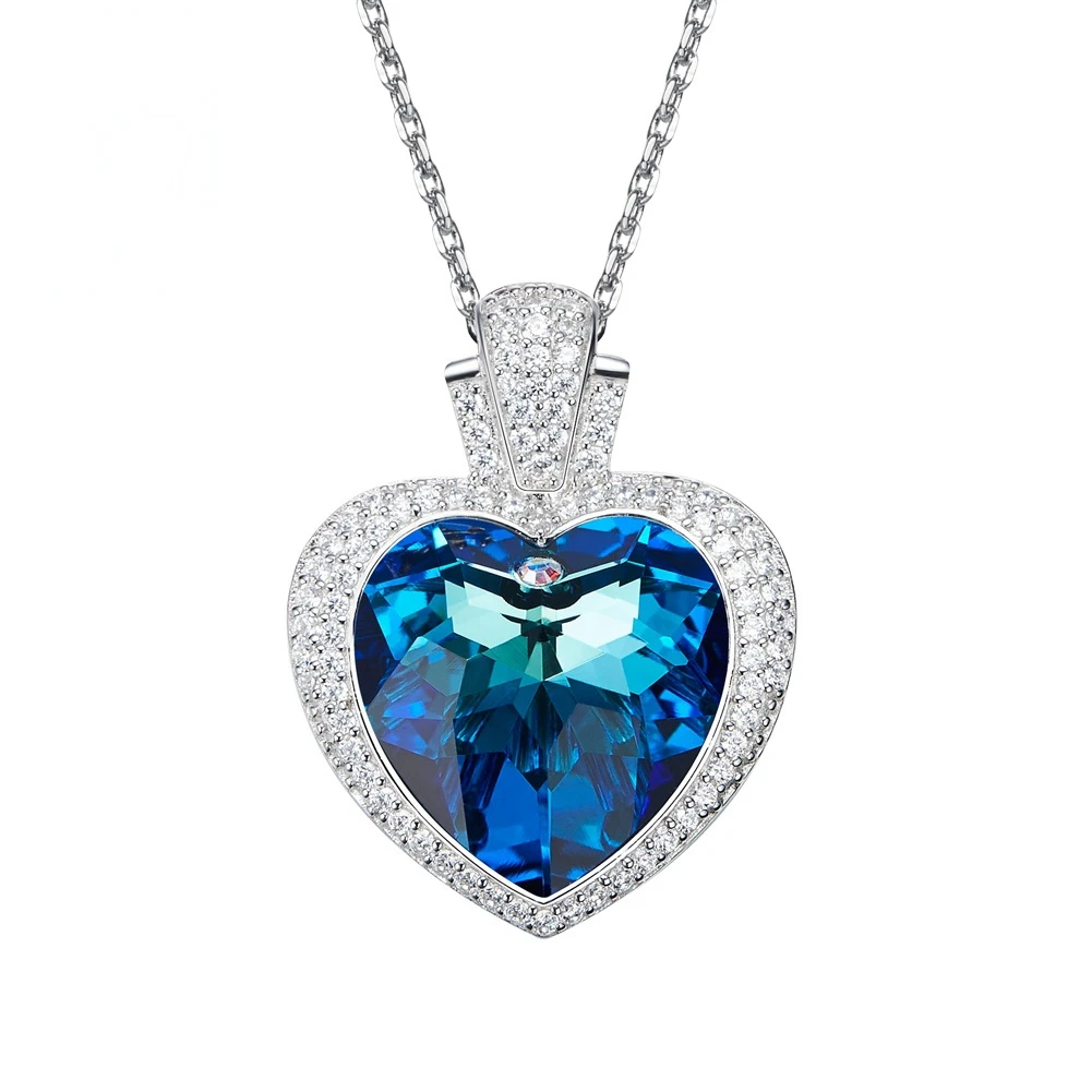 

Classic Heart Necklace Silver Pendant Shining Crystal Jewelry Women Luxury Design Fashion Blue Purple Hand-set Gems Necklace