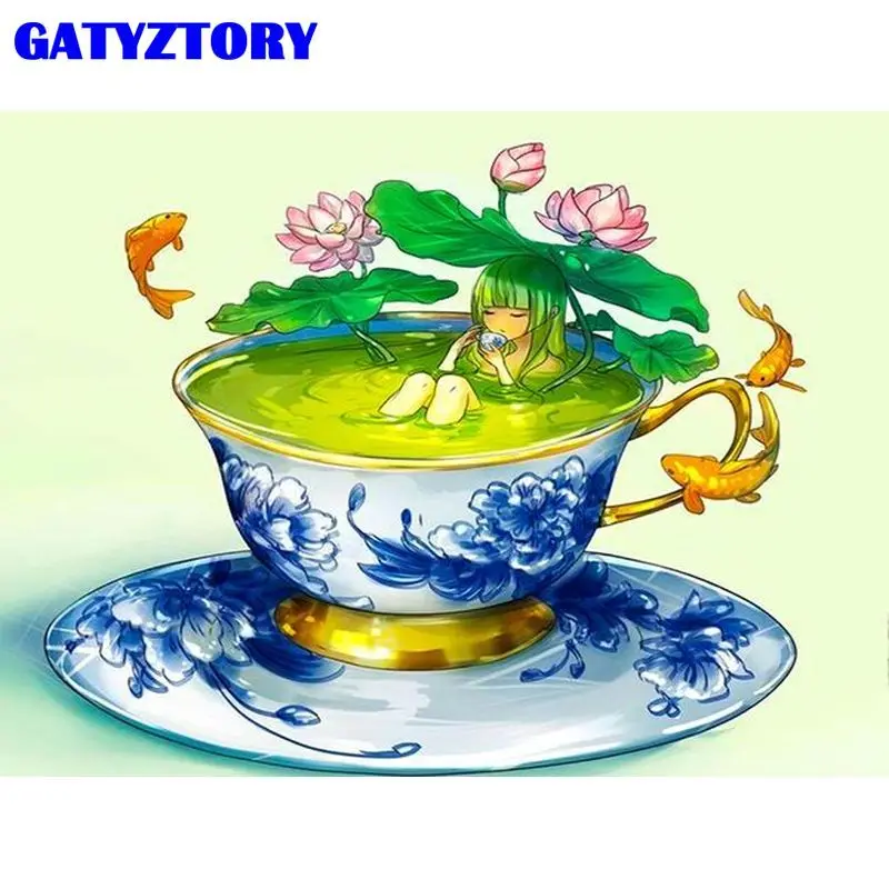 

GATYZTORY Diy Frame Pictures By Number Teapot Girl Kits Goldfish Figure Drawing On Canvas Handpainted Paintings Art Gift Home De