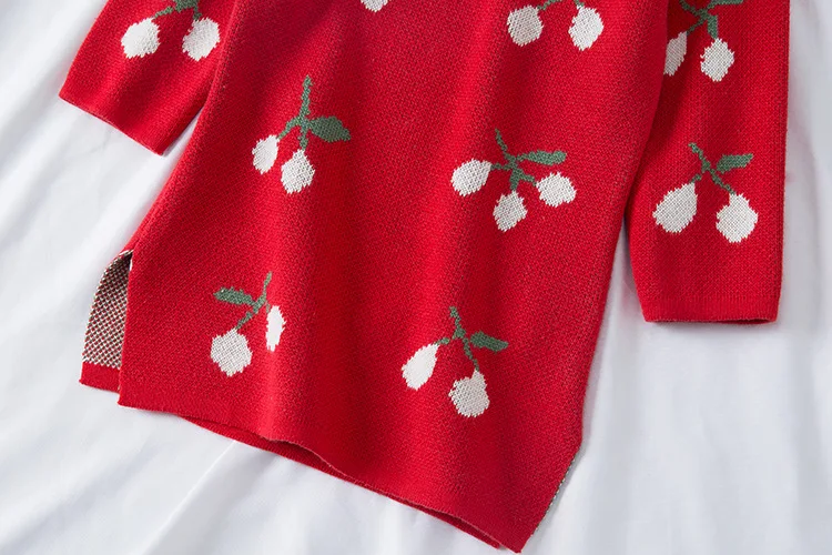Autumn Winter Cherry Knit Girl Dress New Year Clothes Long Sweater Chinese Style Cotton Children Cheongsam Dress 2-6 Years