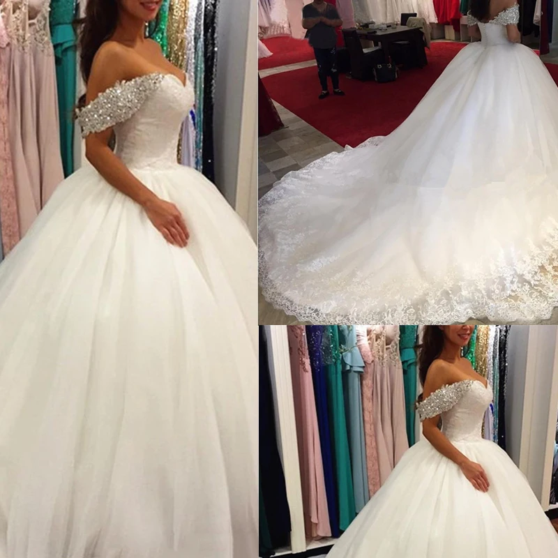 

New Off The Shoulder Crystals Ball Gowns White Lace Wedding Dress 2021 Princess Bridal Dresses With Long Train Vestidos De Novia