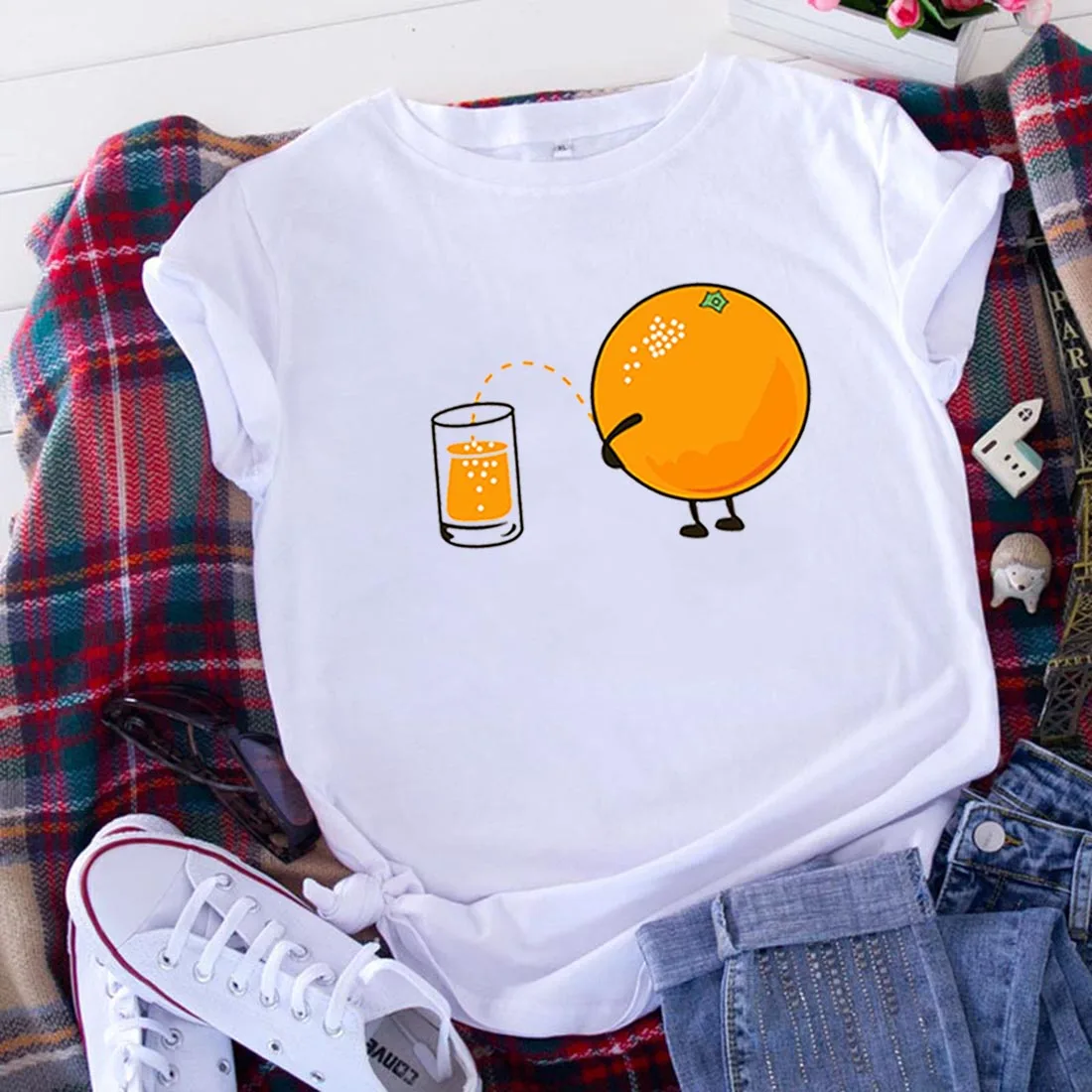 

Lovely Orange Print T Shirt Women Cotton O Neck Short Sleeve TShirts Women Harajuku Mujer Camisetas Loose Tee Shirt Femme Tops