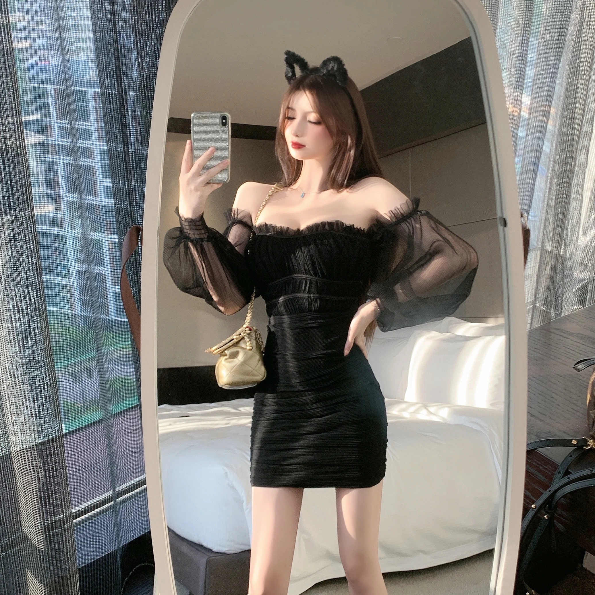 

Lace White Dresses for Women Party Fashion Brand Puff Sleeve Perspective Ladies Off Shoulder Slash Neck Bodycon Dress New