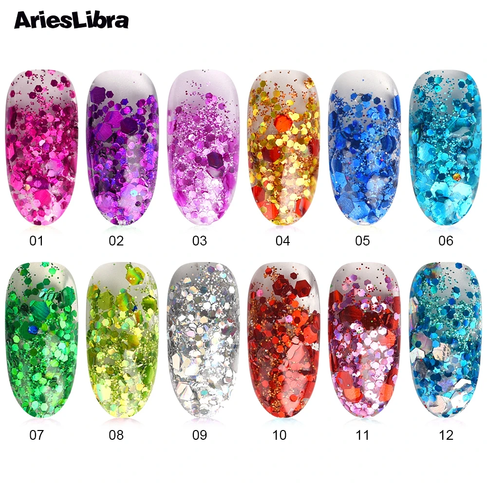 AriesLibra 12 цветов Блеск для ногтей порошок пыль 3D дизайн украшения Блестки нейл Арта