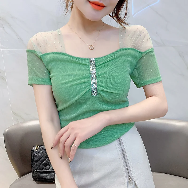 

#7139 летние топы, Сетчатая футболка, Женская Сексуальная футболка с квадратным вырезом и коротким рукавом, облегающая тонкая женская футболка со стразами, сложный крой