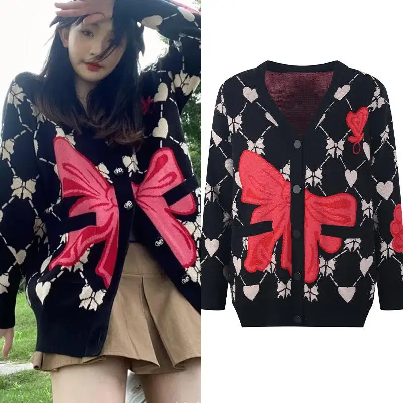 

New Sweet Bowknot Cardigan Knitted Jacket Women Black Sweater 2021 New Korean Oversize Loose Fall Winter Top Clothes