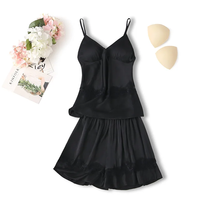 

Женские шорты на бретелях, костюм для сна, Летний Тонкий Атласный пижамный комплект, Сексуальная кружевная одежда для отдыха, атласная Дома...