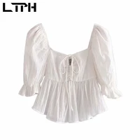 ltph short white blouse lace up square collar vintage sweet puff sleeve chic flounce casual womens tops shirt 2021 summer new
