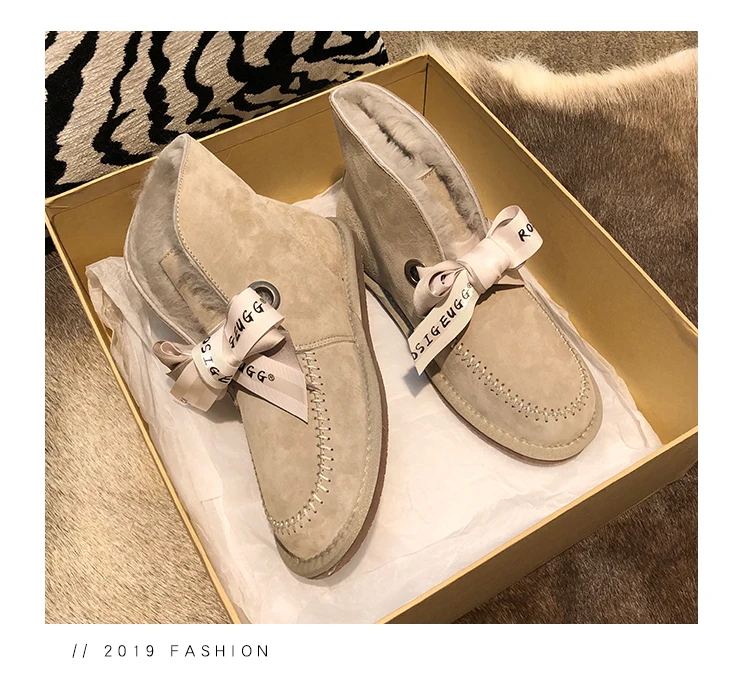 Зимние сапоги без каблуков; женская обувь с круглым носком из плюша; Zapatos De Mujer; Водонепроницаемая Толстая теплая шерстяная обувь; зимние короткие сапоги с бантом и помпонами;