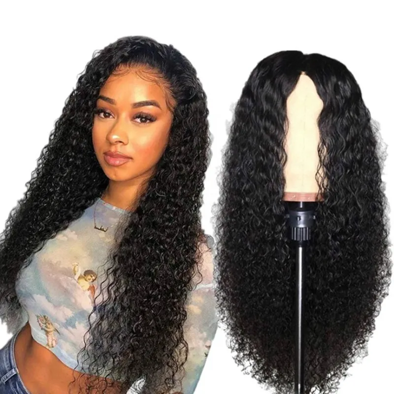 

Sexy Black Long Curly Synthetic Hair U Lace Wigs Middle Part Heat Resistant Glueless Kinky Curl Hair Wigs for Black Women 24inch