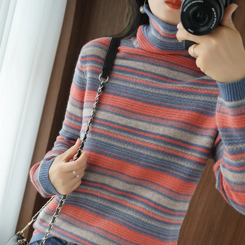 

Women's Base Shirt Autumn and Winter Sweater 2021new High Collar Short Section Inner Knitted Wool Korean Style Loose Striped