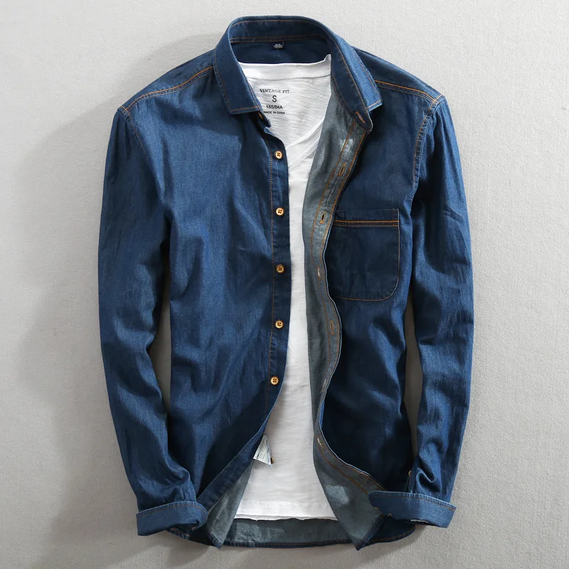 

2021 spring long sleeve pure cotton pocket blue casual jean shirts men lightweight washed denim shirt for male