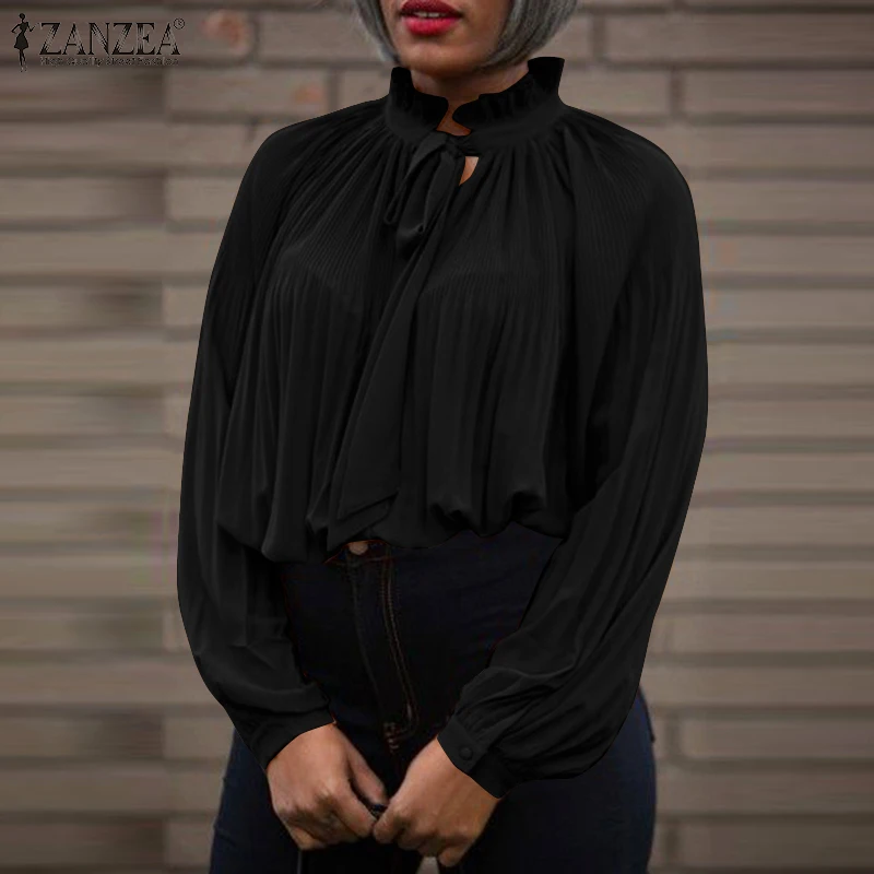 

Свободная Женская Ретро-туника Fu;ll с пышными рукавами, плиссированные однотонные топы, офисная блузка ZANZEA, винтажная рубашка с бантом и обор...