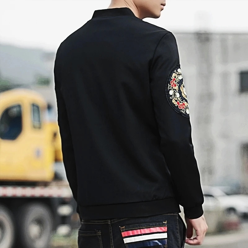 

Autumn Spring 2020 Man Jacket Loose Coat Dragon Pattern New Embroidery Mens Casual Long Sleeve Stand Collar Bomber Jacket